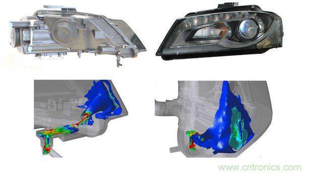 奥迪 A3 车前灯的 FloEFD 模拟图像，展示了为车前灯系统冷却和散热提供新鲜空气的速度等值面