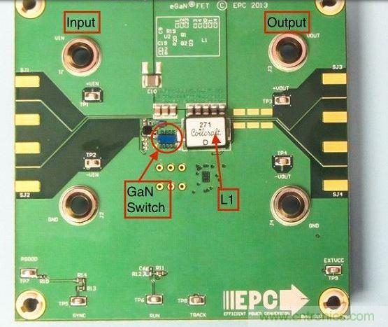演示板用于显示GaN的EMI。该GaN组件被圈定，我会在L1左侧测量切换的波形。