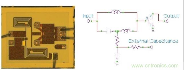 用于混合分立式功率放大器解决方案的MMIC成品图(左)和原理图(右)。