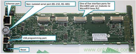 图9：Micro850主处理板的背面展示了主要的用户I/O以及用于Micro800扩展模块的5个接口，可以用来根据需要扩展PLC功能，因此使得Micro850特别灵活。