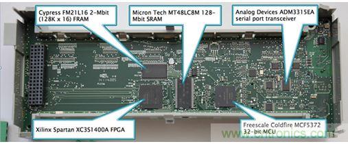 图8：Micro850上的主处理板由负责系统管理、运行时控制和用户界面的飞思卡尔(现恩智浦)Coldfire MCF5372 32位MCU、提供通信和电机控制及可能一些专有功能的赛灵思Spartan XC351400A FPGA组成。