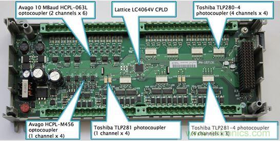 图2：Rockwell选择光耦作为Micro850 PLC的数字I/O电路板上的设备输入和输出端的核心隔离策略。