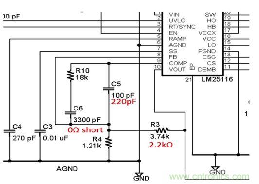 图4：评估板部分原理图显示必须调整分压器(R3和R4)将输出电压从5V改变到3.3V。另外还有其它多处改变。