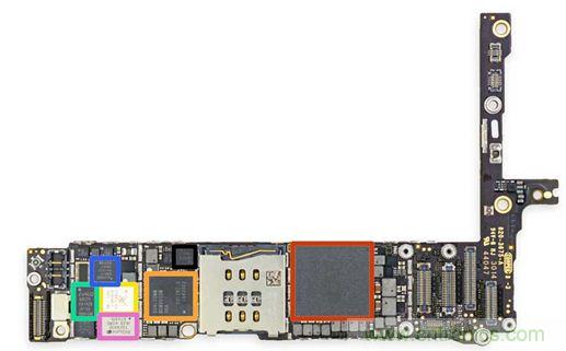 iPhone 6 Plus主板采用1GB RAM的苹果A8 SoC作为核心部件。（来源：iFixit）