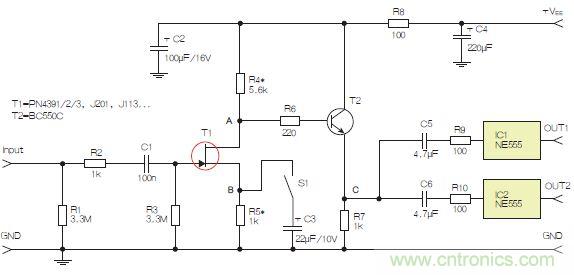 图3：采用两个工作在不同频率下的555定时器电路，以获取不同的音效。