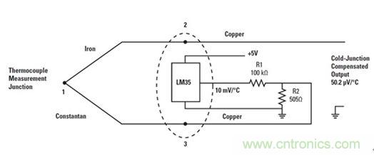 图3：将LM35用于热电偶冷接点补偿