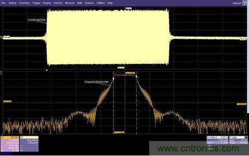 面的时域图显示了脉冲调制的射频载波，下方的频域图显示了在997MHz和1002MHz之间均匀分布的载频