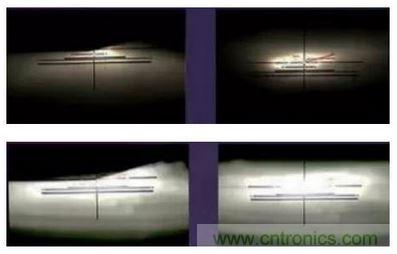 上图为采用卤素灯的汽车前大灯近（左）远（右）光效果，下图为采用LED的汽车前大灯近（左）远（右）光效果。