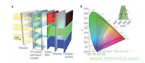  LCD显示器示意图。TFT表示薄膜晶体管（thin-film transistor）。