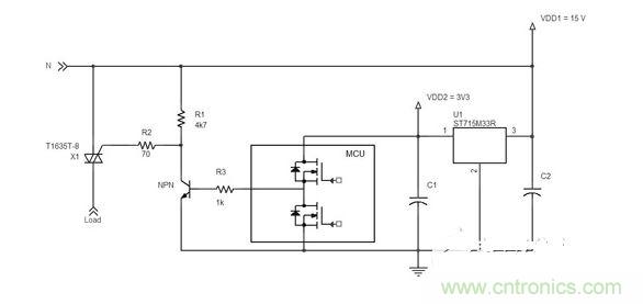 用于双向可控硅控制电路负电压的正稳压器。