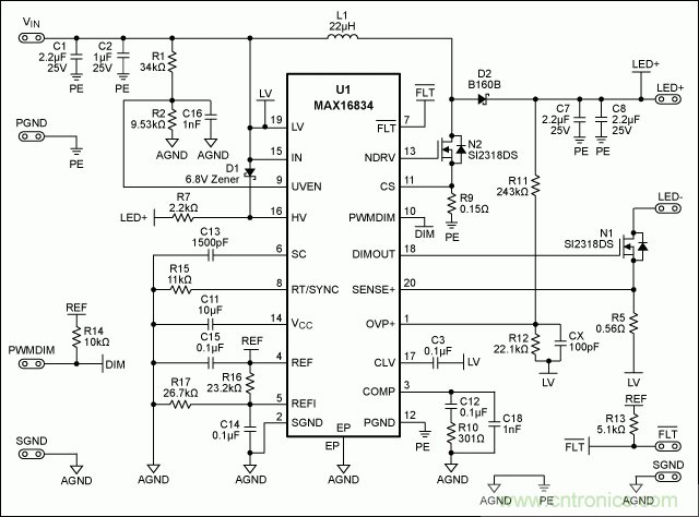 采用MAX16834设计buck-boost LED驱动器