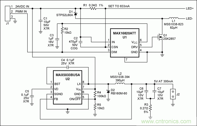 MR-16 LED驱动器和用于脉冲LED冷却器供电的5V辅助电源