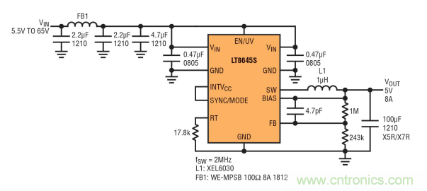 高功率单片式 Silent Switcher 2 稳压器 满足 CISPR 25 Class 5 EMI 限制要求并适合狭小的安放空间