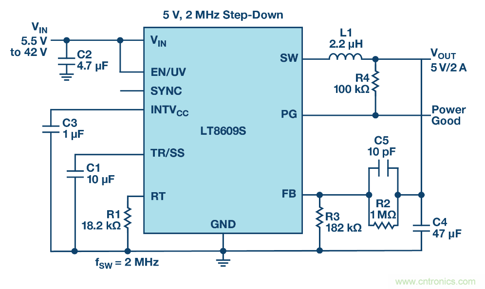 具 2.5 μA 静态电流和超低 EMI 辐射的 42 V、2 A/3 A 峰值同步降压型稳压器