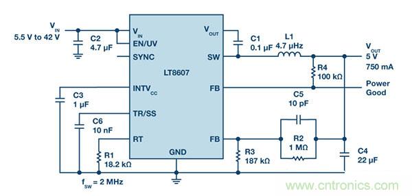 具2.5 μA静态电流和超低EMI的42 V单片式同步降压型稳压器