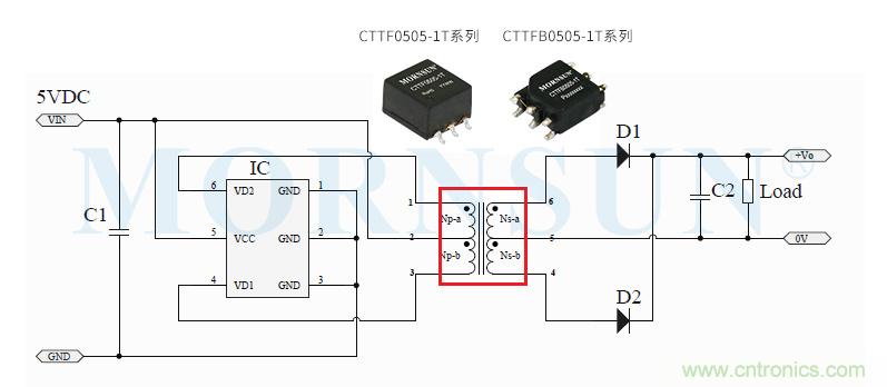 适用于1W以下的DC/DC隔离SMD汽车级变压器——CTTF(B)0505-1T