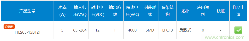 金升阳推出适用于5W的AC/DC隔离SMD变压器——TTLS05-15B12T