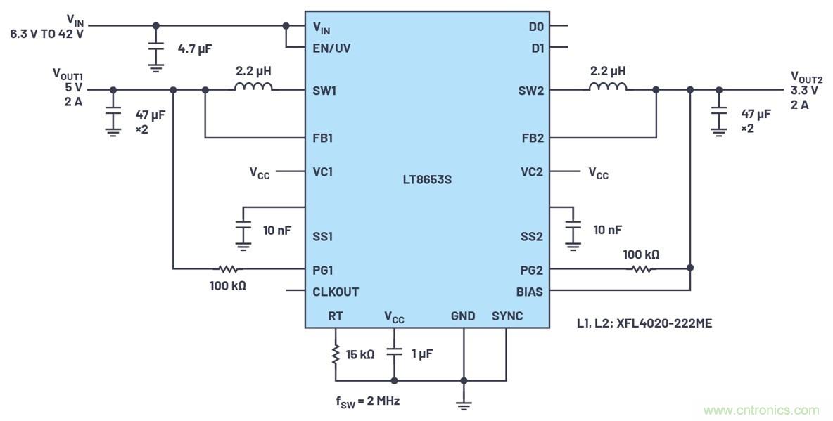 具有6.2 µA静态电流的双通道、42 V、2 A、单片、同步降压型Silent Switcher 2稳压器