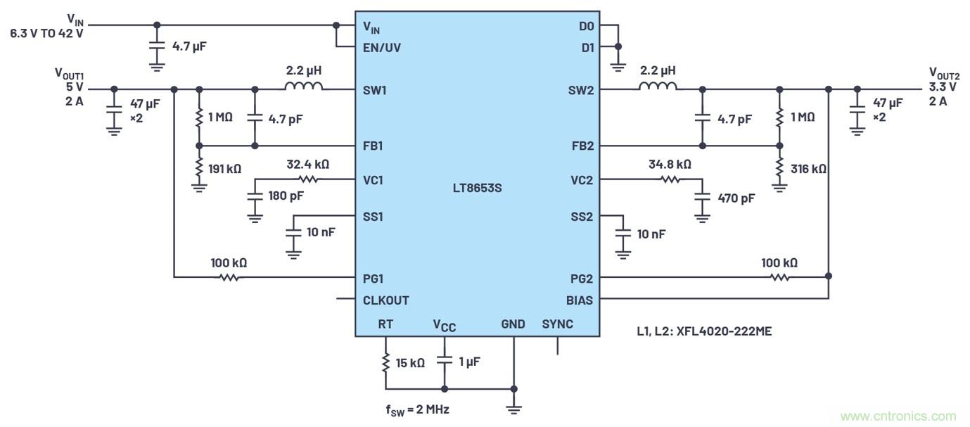 具有6.2 µA静态电流的双通道、42 V、2 A、单片、同步降压型Silent Switcher 2稳压器