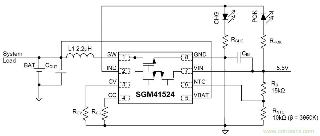 SGM41524紧凑型简洁开关充电：0.3A～2.3A锂电池充电器