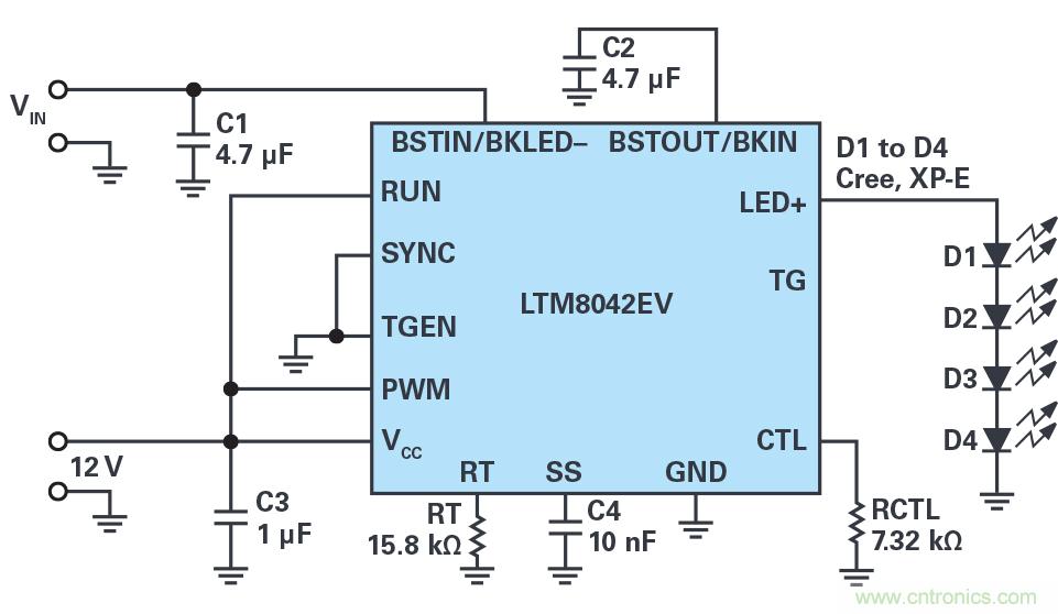 多功能LED驱动器可使用高于或低于LED灯串电平的输入电压