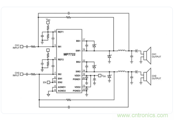 效率高达90％的2 x 20W立体声D类音频放大器