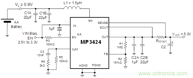 MP3424单节AA电池升压解决方案
