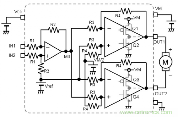 BTL功放电路的有刷直流电机驱动：线性电压驱动