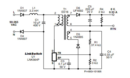 LinkSwitch-LP 系列旨在取代手机/无绳电话、PDA、数码相机和便携式音频播放器等应用中输出功率 < 2.5 W 的低效线频线性变压器电源。LinkSwitch-LP 还可用作白色家电等应用中的辅助电源。  LinkSwitch-LP 将高压功率 MOSFET 开关与 ON/OFF 控制器集成在一个设备中。它完全由漏极引脚自供电，具有低 EMI 的抖动开关频率，并且具有全面的故障保护。自动重启可限制过载和输出短路条件下的器件和电路耗散，而迟滞过温保护会在热故障期间禁用内部 MOSFET。EcoSmart 技术使设计能够轻松实现 < 150 mW 的空载功耗，满足能源效率要求。  LinkSwitch-LP 的设计目的是在输出功率低于 2.5 W 时无需初级侧钳位电路，从而显着减少组件数量和总系统成本。图 1 显示了基于 LinkSwitch-LP 的 2 W 电源，不带初级侧钳位。LinkSwitch-LP 系列经过优化，当变压器上的辅助或偏置绕组提供反馈时，可提供近似的 CV/CC 输出特性。这非常适合取代工频变压器的应用，提供兼容的输出特性，但过载、短路电流和输入线电压变化较小。  　  在无钳位设计中使用 LinkSwitch-LP 的基本电路原理图。  快速开始  　 LinkSwitch-LP 反激式设计流程图