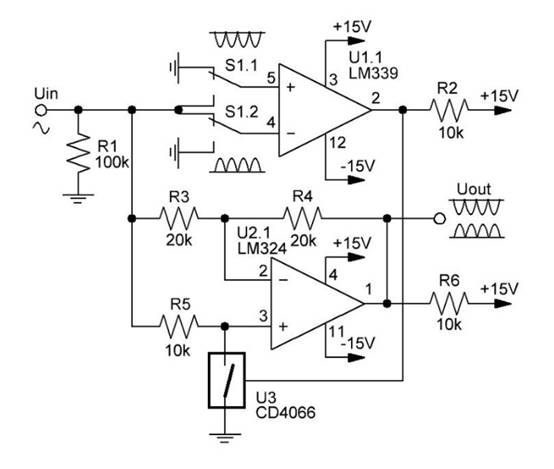 运算放大器上的两个半周期整流器
