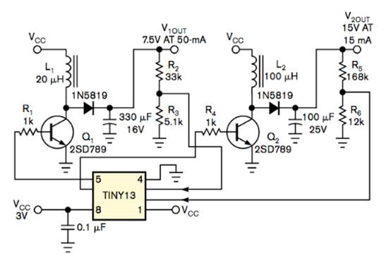 微型微控制器托管双直流/直流升压转换器