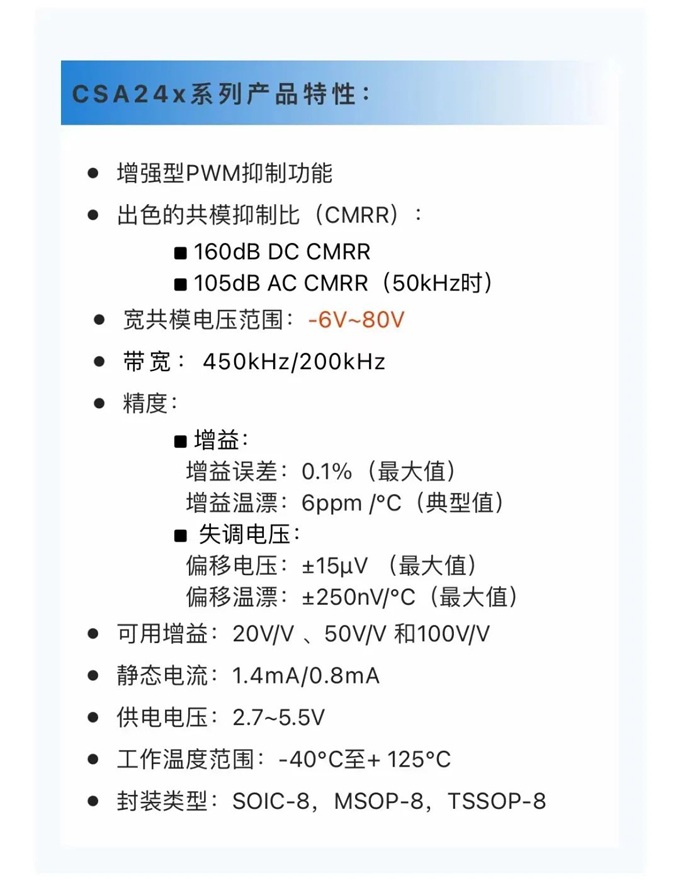 类比半导体推出-6v~80v宽共模电压的电流检测放大器CSA24x系列