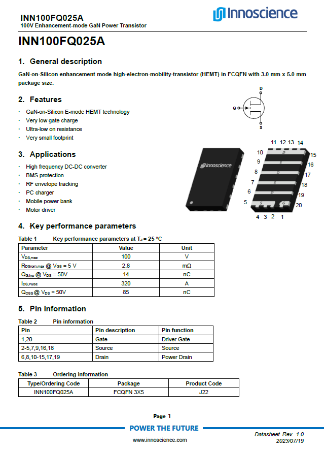 英诺赛科100V GaN 再添新品，采用FCQFN封装